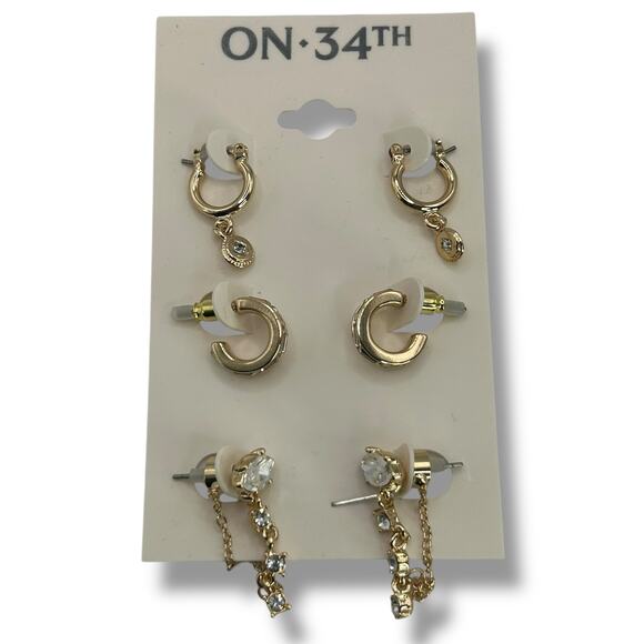 NEW On 34th Gold Earring Set Trio Pave Mini Hoop Dangle Chain Small StackNWT - Picture 1 of 7